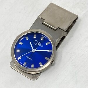 Colibri Money Clip Pocket Watch Men Silver Tone Blue Dial 34mm New Battery